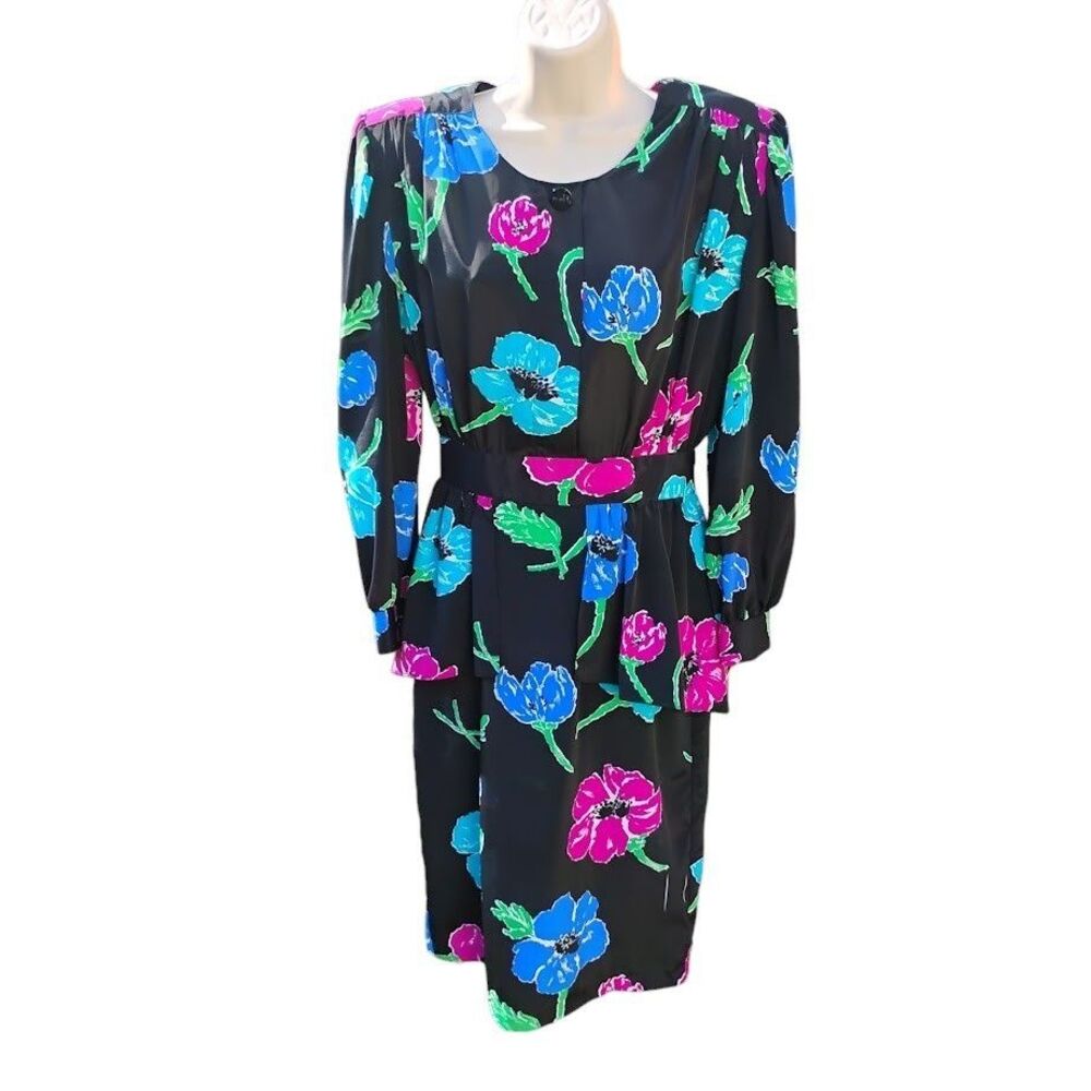 VTG 80s Cami pour Le Boff Peplum Dress Size S/M (READ) Floral Bright Avant Garde